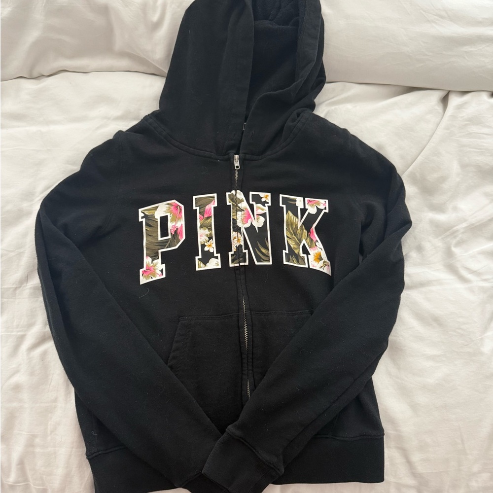 PINK Victoria's Secret Black Floral Zip Up Hoodie